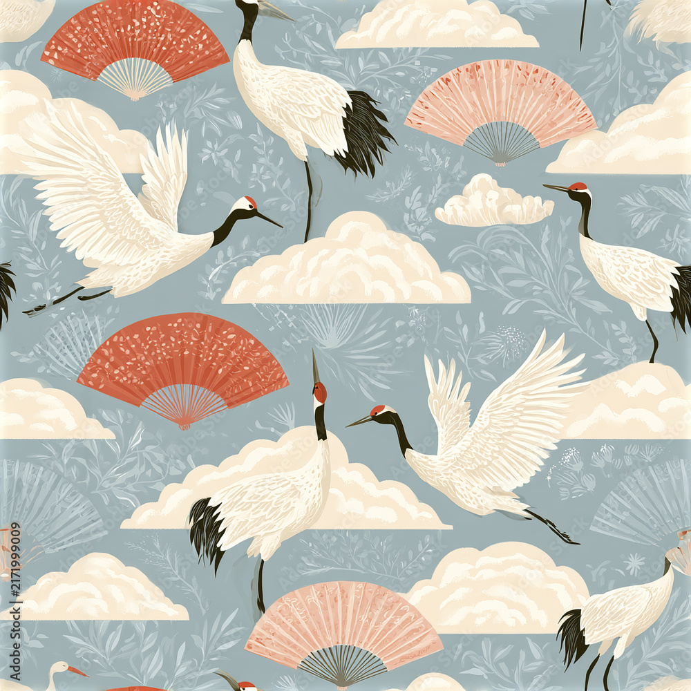 Fototapeta premium Cranes flying and standing with decorative fans and clouds on blue background create elegant seamless pattern design