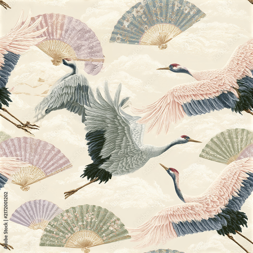 Fototapeta premium Flying crane bird with traditional Japanese fan seamless pattern, elegant vintage style with soft pastel colors and delicate