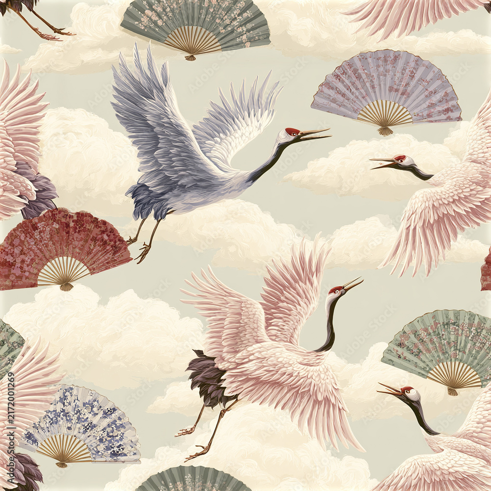 Obraz premium Japanese inspired seamless pattern with elegant flying crane bird and decorative fan, soft pastel colors and calm sky