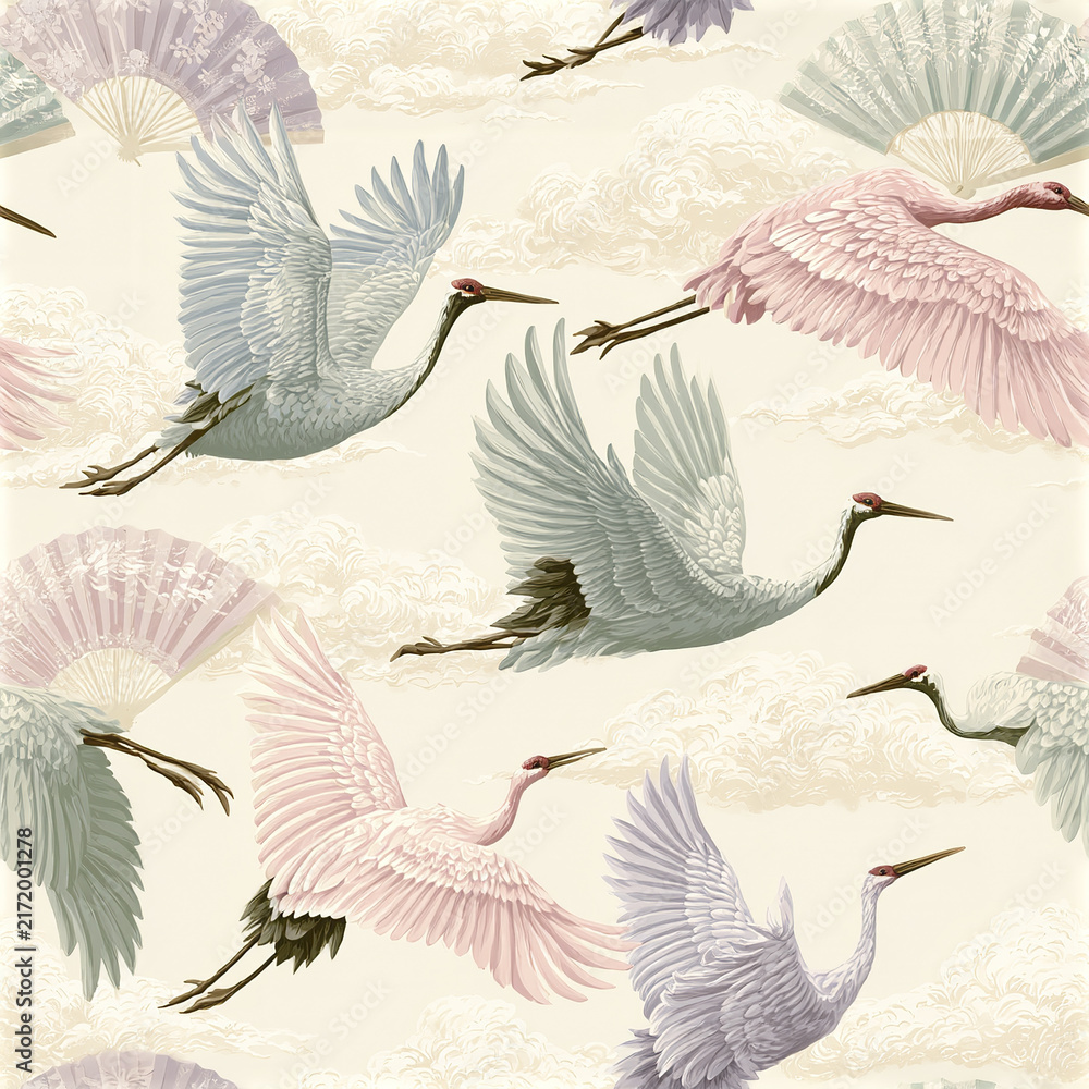 Naklejka premium Flying crane bird pattern with pastel fans and soft clouds, creating elegant and serene Japanese inspired seamless design