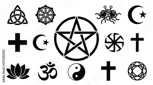 Bild auf Leinwand Diverse collection of monochrome religious symbols displaying spiritual icons ar