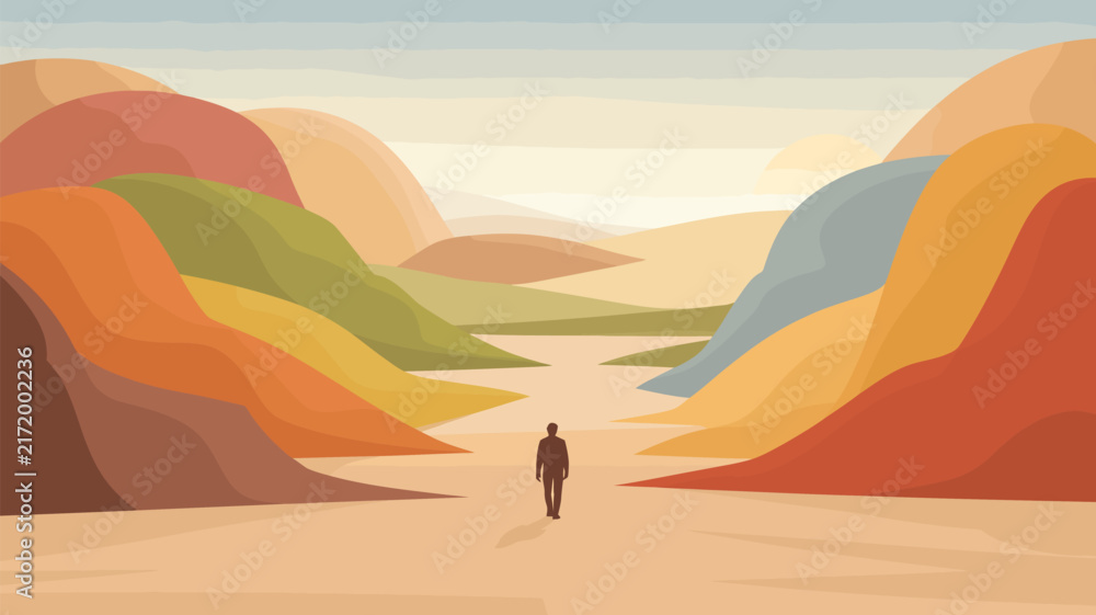 Fototapeta premium Person walks through a serene valley surrounded by softly colored rolling hills under a gentle sky