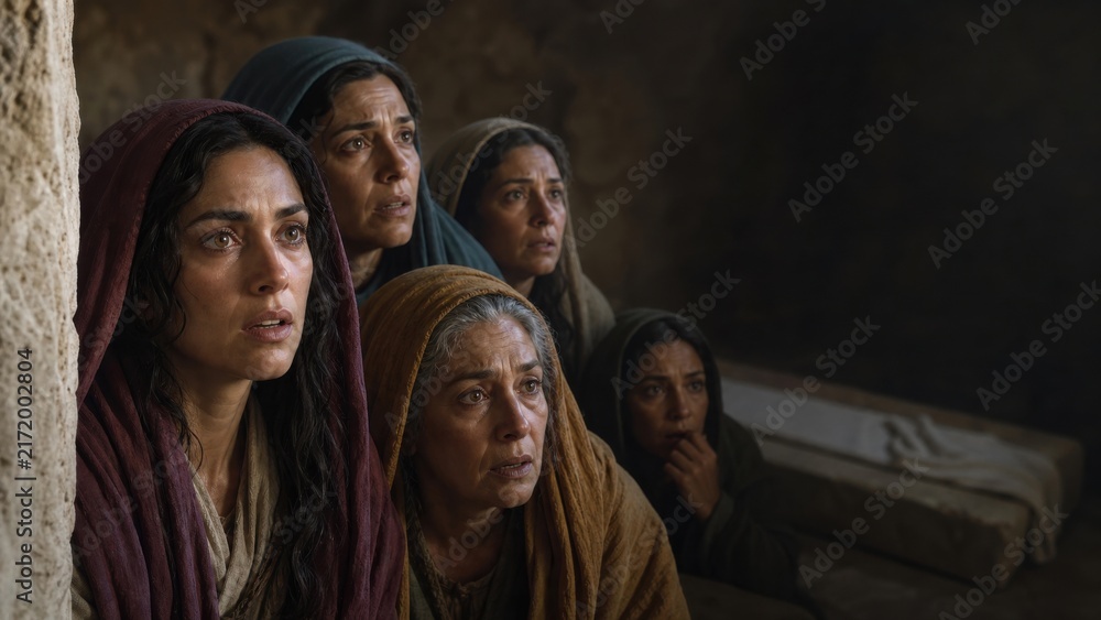 Naklejka premium Women in biblical clothes looking in shock inside empty tomb with linen cloths on burial bench. Discovery of resurrection of Jesus Christ. Easter story and gospel concept.