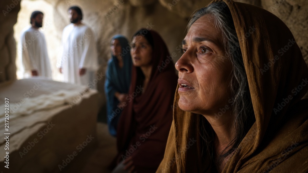 Fototapeta premium Woman looking up with hope at empty tomb of Jesus as two angels in white appear. Biblical resurrection morning scene. Easter gospel story. Faith and miracle concept.