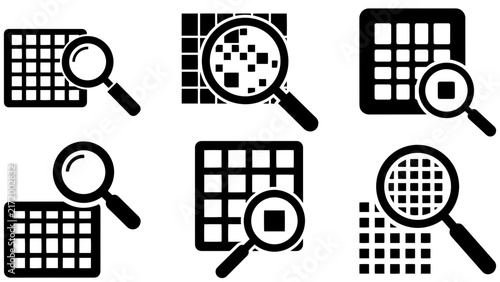 Magnifying glass over spreadsheet icons representing data analysis, financial audit, database search, and business reporting in dark outline style