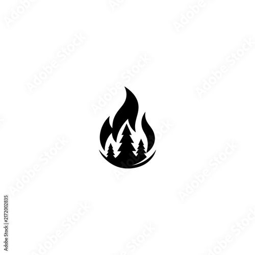 Wildfire in pine forest icon, burning trees symbol for environmental warning