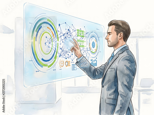 Businessman in a grey suit touching a glowing holographic dashboard with data charts, network nodes, and circular interface watercolor style
