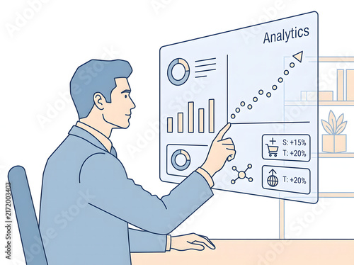 Businessman sitting at a desk, pointing at a transparent digital screen displaying analytics, bar charts, and a rising trend line graph