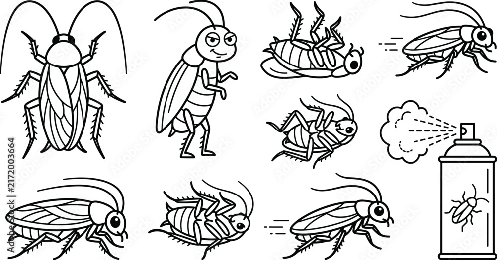 Obraz premium Black and white line art vector icon set of cockroaches chemical bug spray aerosol can dead insects and cartoon pests