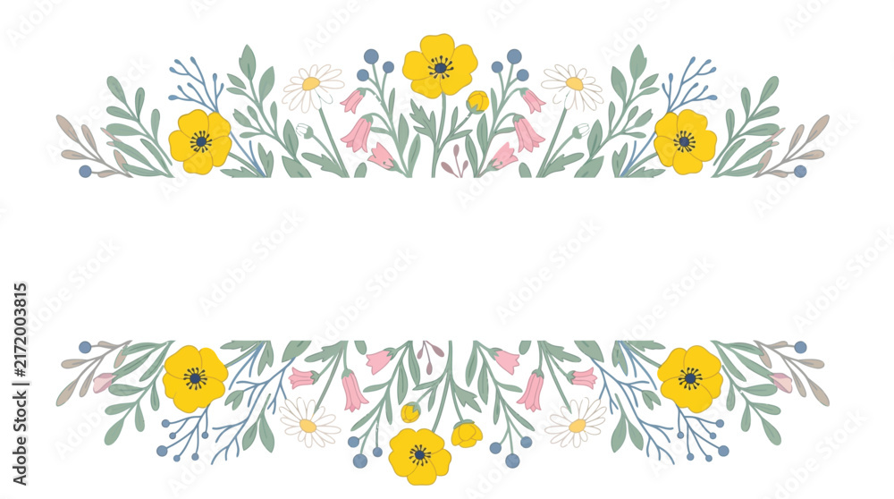 Fototapeta premium Vibrant floral border frame featuring yellow buttercups and delicate wildflowers drawn in clean flat style