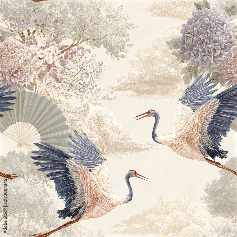 Obraz premium Soft vintage style seamless pattern with flying crane bird and blooming flowers creating calm and elegant atmosphere