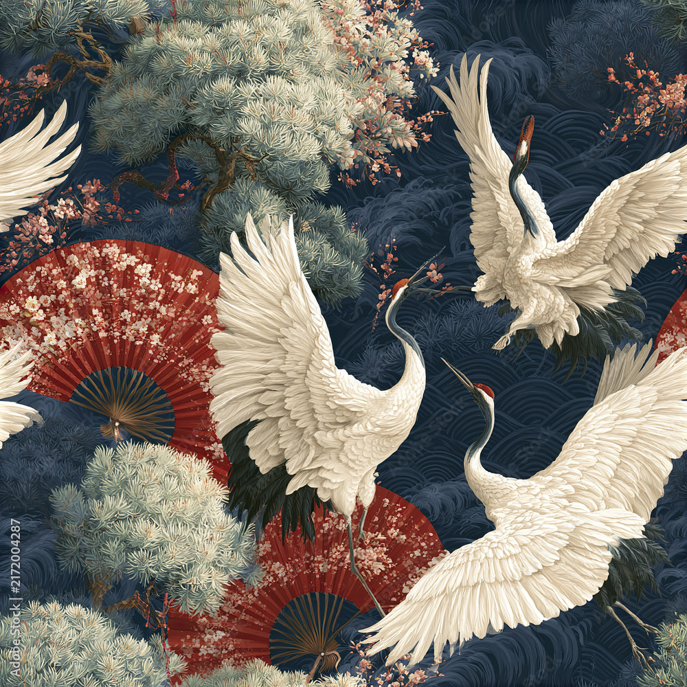 Obraz premium Elegant white crane birds flying with traditional red fans and pine trees in sophisticated Asian botanical seamless pattern
