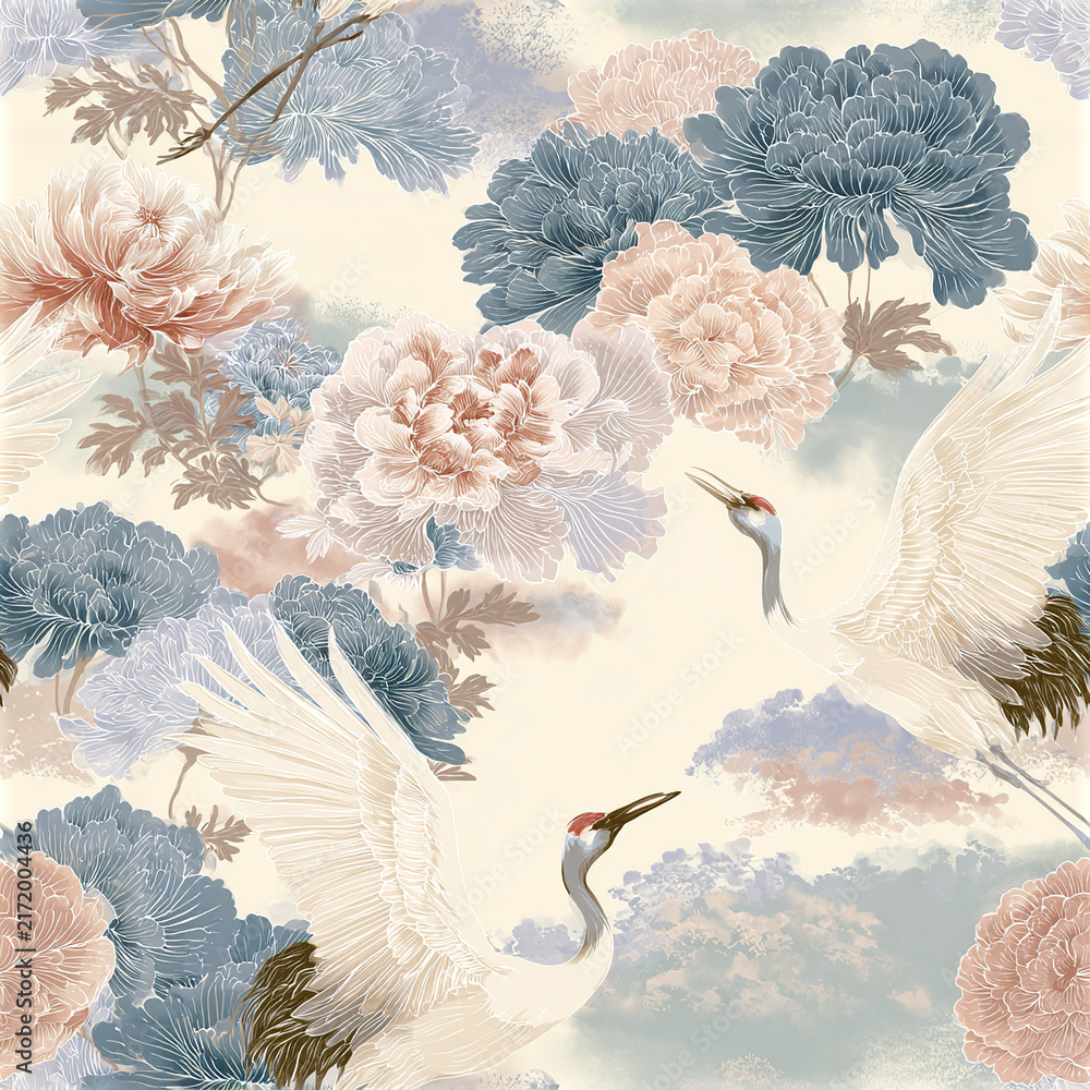 Naklejka premium Soft floral pattern with elegant cranes and pastel peonies creating serene and sophisticated atmosphere in muted tones