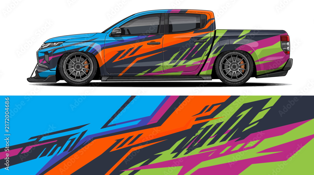 Fototapeta premium Colorful pickup truck with vibrant racing graphics design.