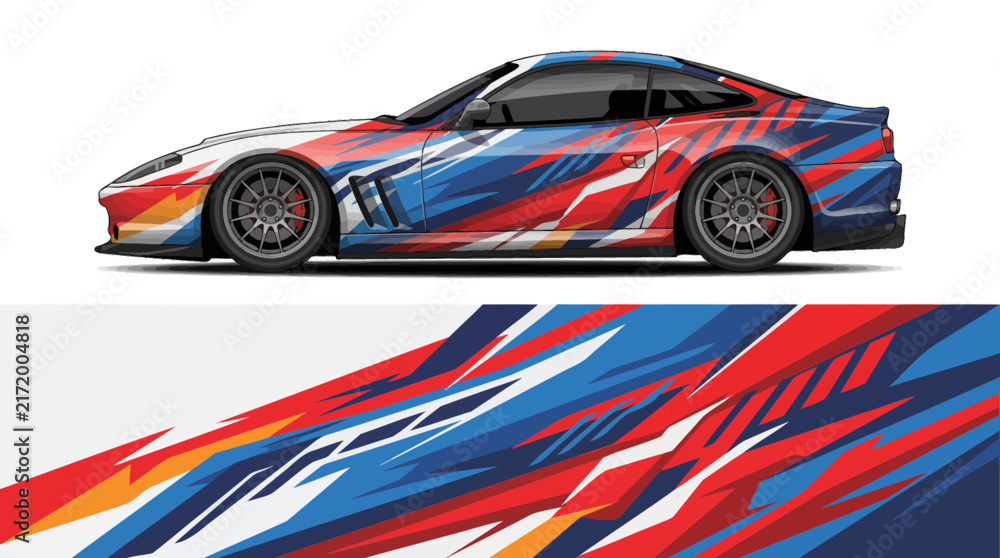 Fototapeta premium Colorful sports car with dynamic racing graphics design.