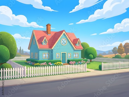 Blue Suburban House with Garden and Picket Fence