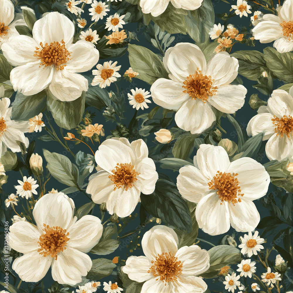 Fototapeta premium Soft white flower pattern with warm orange centers and green leaves creates sweet garden feel in this seamless floral design