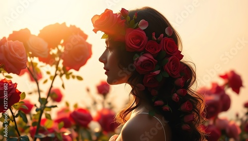 A serene silhouette of a woman adorned with a crown of roses, surrounded by blooming flowers during sunset, symbolizing beauty, romance, and the harmony of nature.