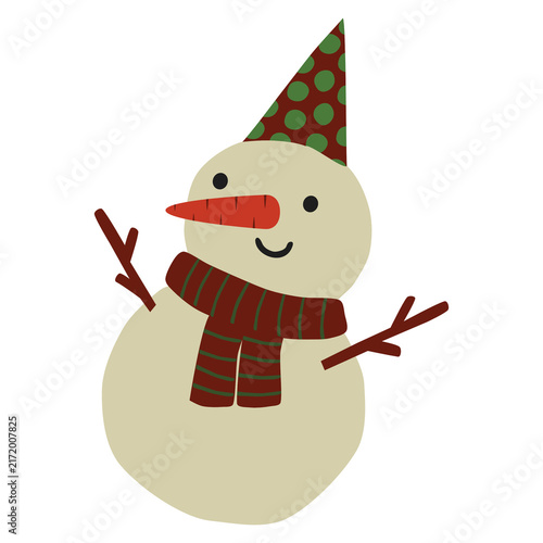 Konstfotografi Cute Christmas snowman with red hat and scarf, winter holiday cartoon illustrati