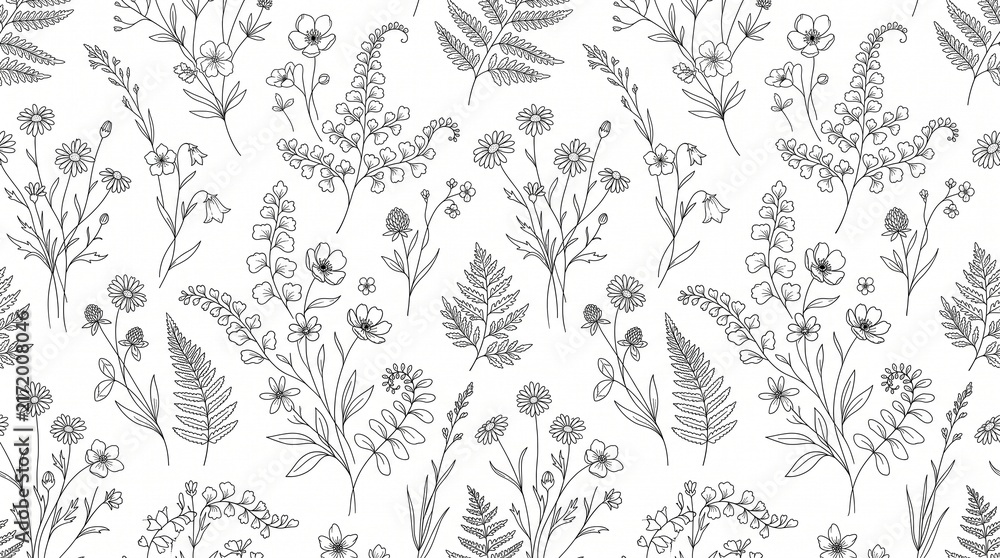 Fototapeta premium Hand drawn black and white wildflowers and plants illustration