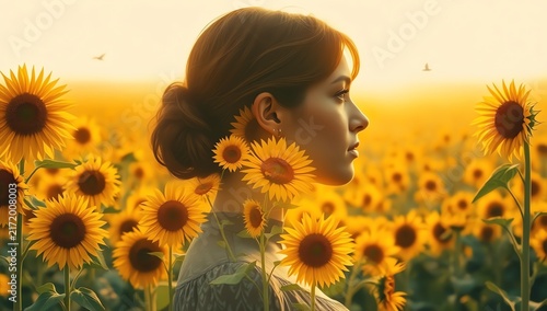 A serene woman stands in a vibrant sunflower field, illuminated by golden sunlight. The scene captures tranquility, beauty, and the essence of a peaceful summer day.