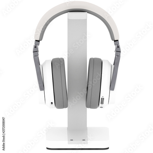 3d Render White Headphones Display Stand Holder with transparent background