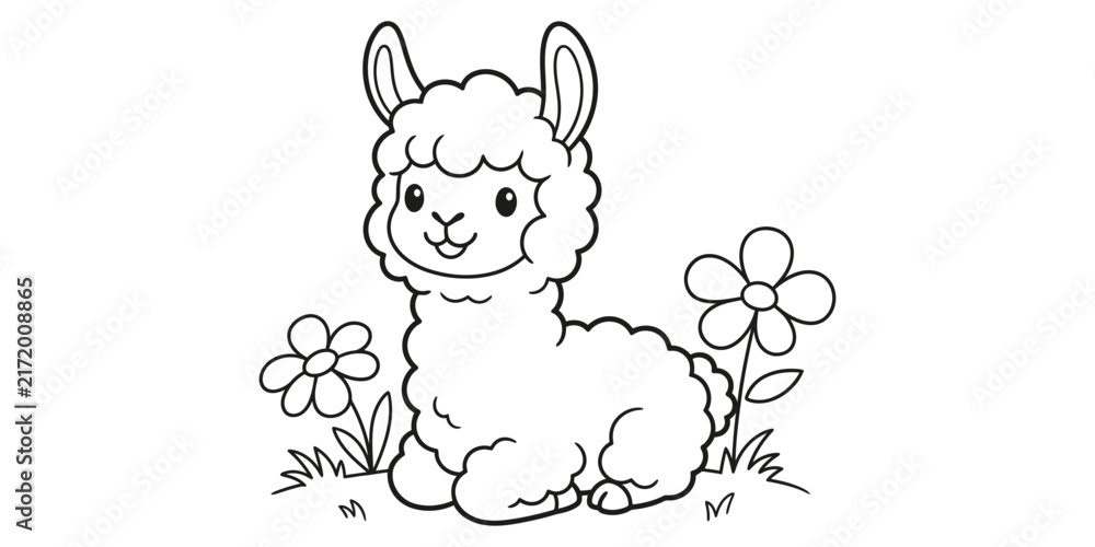 Naklejka premium A line drawing depicts a seated alpaca with floral elements