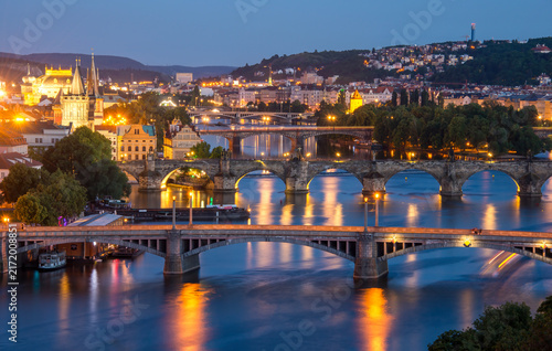 Bild auf Leinwand Panoramic Evening View of Prague Bridges and Vltava River, Czech Republic