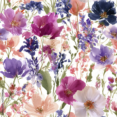 Vibrant seamless wildflower pattern with magenta blossoms and purple flowers creating lively and colorful floral design