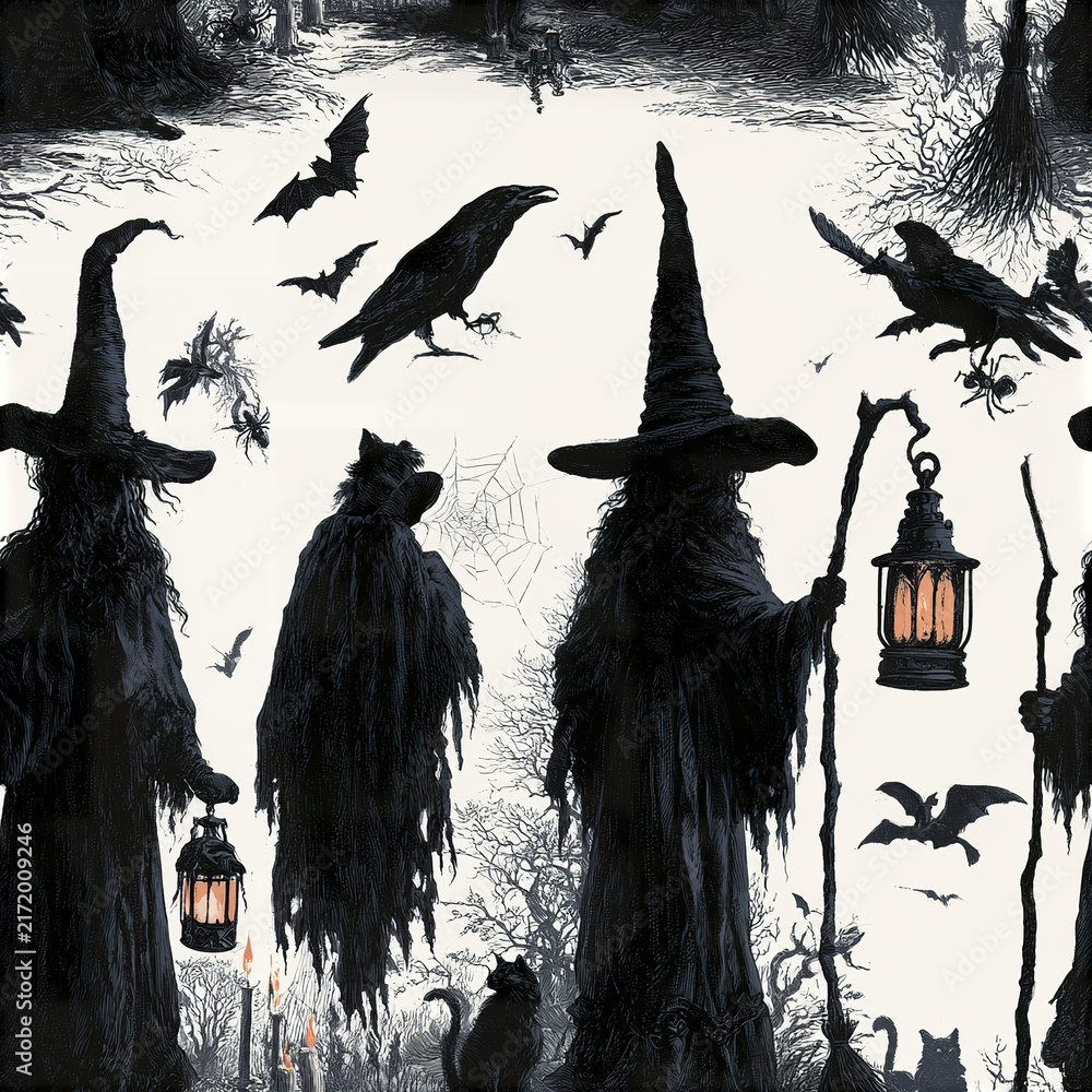 Naklejka premium Witch silhouette with lantern and black cat in spooky forest with bats and spider web creating eerie Halloween scene