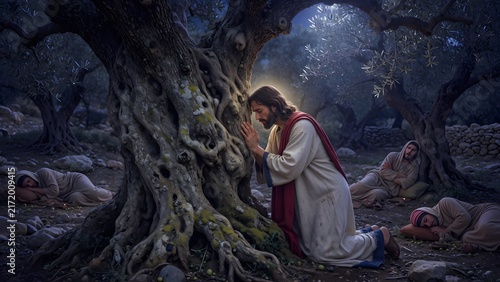 Jesus praying beside a weathered olive trunk as the main subject, disciples resting around the grove while the ancient trunk suggests endurance, covenant, and the rooted story of salvation, nocturnal 