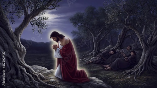 Jesus praying at the edge of the Garden of Olives as the main subject, disciples resting deeper within the grove to show the movement from companionship into solitary spiritual burden, nighttime olive