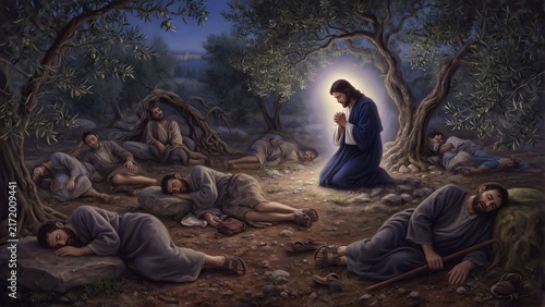 Jesus praying as the main subject, disciples resting in varied weary postures around the Garden of Olives to express human limitation beside divine perseverance, secluded nighttime grove with rough so
