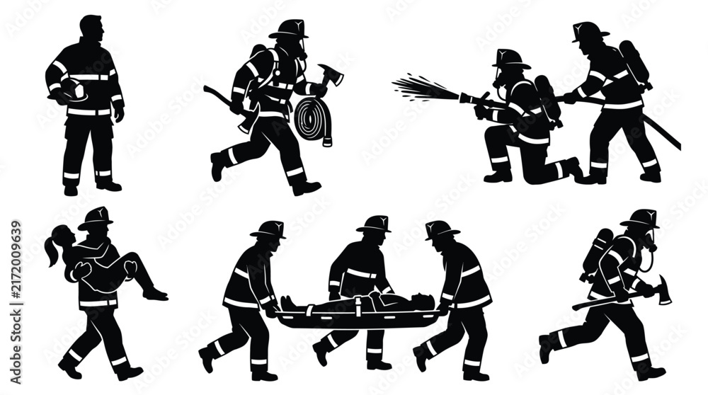 Obraz premium Firefighter vector silhouette set featuring various emergency responder actions like rescuing victims and extinguishing dangerous flames in professional uniform gear