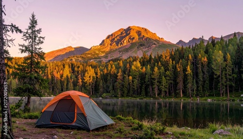Orange Tent by Mountain Lake at Sunrise.