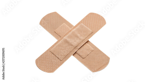 Fotografie Two adhesive bandages crossed plaster medical first aid patch isolated on transp