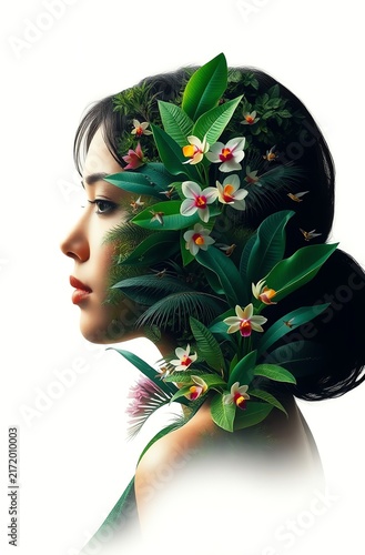 A stunning portrait of a woman blending with lush vegetation, symbolizing the harmony between humanity and nature