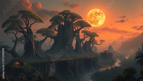 A stunning sunset landscape featuring majestic trees silhouetted against a vibrant sky