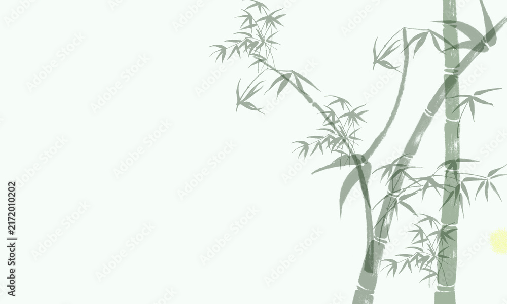 Naklejka premium Zen bamboo ink painting, minimalist green botanical illustration, traditional Asian style nature background for spa and wellness