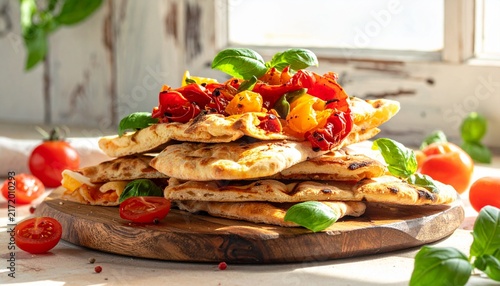 Freshly Baked Quesadillas with Tomatoes and Basil on Wooden Board.