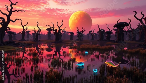 A surreal landscape at dusk features twisted trees silhouetted against a vibrant sunset and a large moon reflected in the still waters. Glowing creatures add an otherworldly charm.