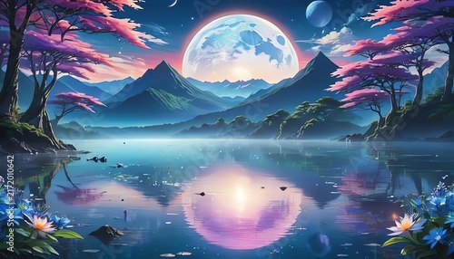 A stunning, surreal landscape showcasing a reflective lake surrounded by vibrant pink trees and majestic mountains under a luminescent full moon and distant planets.