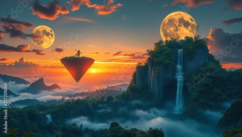 A surreal landscape featuring a floating pyramid, dual moons, and a majestic waterfall surrounded by lush greenery as the sun sets, creating a mystical and enchanting atmosphere.