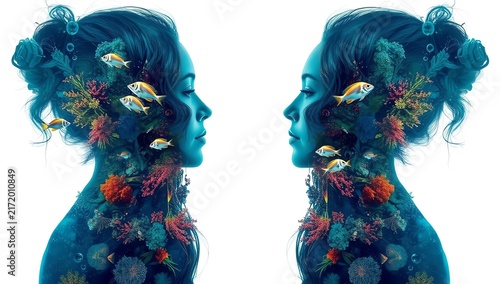 A visually stunning illustration of two profiles merged with vibrant sea life, symbolizing the connection between humanity and nature's beauty, exploring deep themes of harmony and