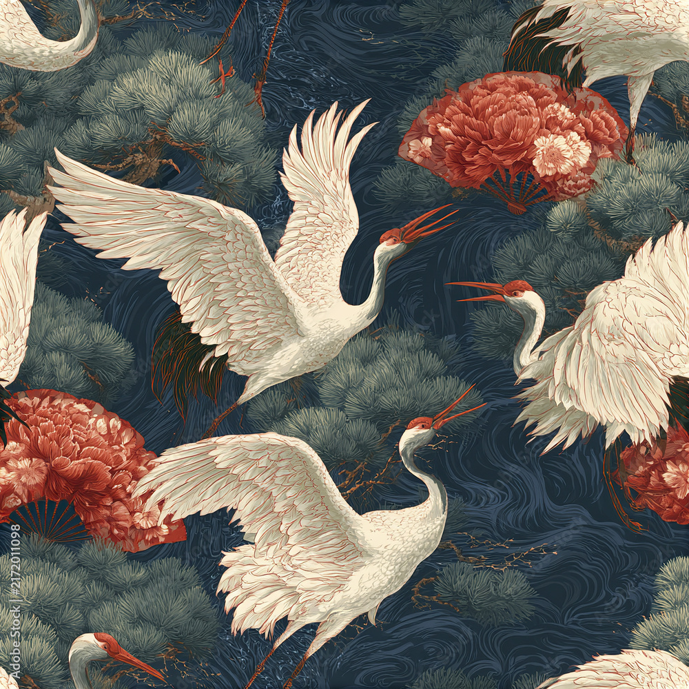 Naklejka premium Vintage crane bird pattern with pine tree and red flower, elegant seamless design with flying white cranes and floral art