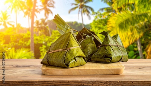 Traditional Green Sticky Rice Parcels on Wooden Table.