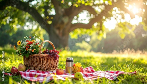 Sunlit Picnic Basket with Flowers in a Green Meadow.