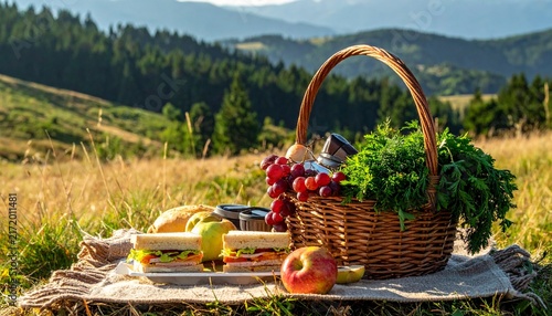 Fresh picnic basket with fruits and vegetables in nature.