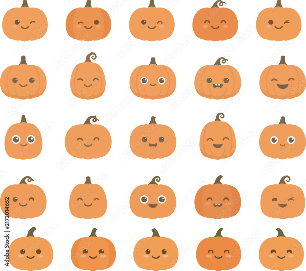 Obraz premium Hand-drawn orange pumpkin faces set with happy, spooky, and surprised Halloween expressions in flat design