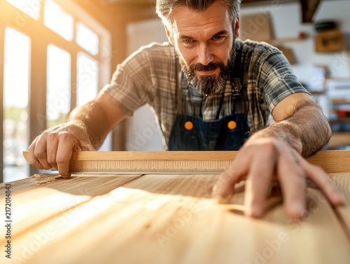 Focused man measuring wood with ruler in bright workshop